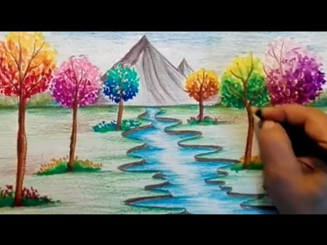 How to draw spring season scenery. How to draw river landscape for kids