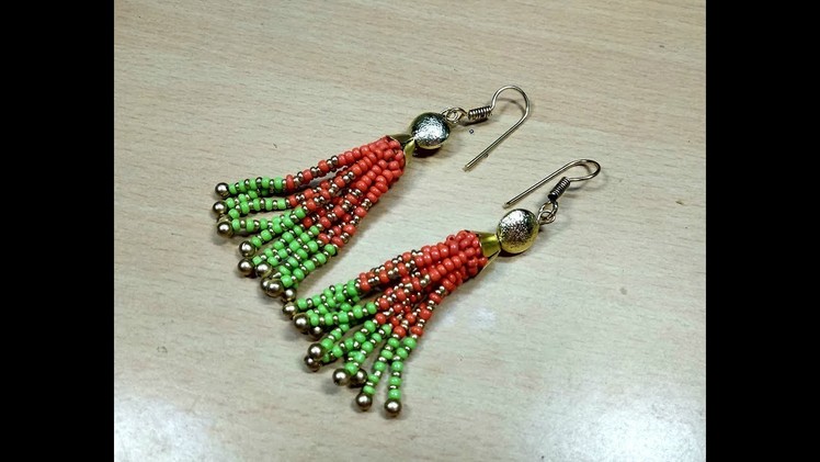 How to make easy beaded tassel earrings. party wear beads earrings. Seed bead kuchu Earring