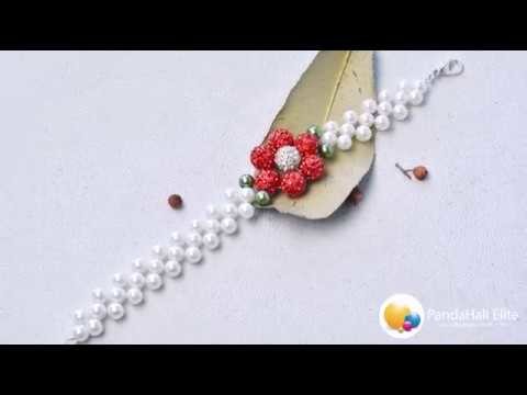 Beebeecraft tutorials on how to make shining flower bracelet with pearl beads and pave disco beads