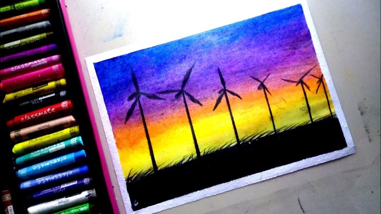 How to draw windmill scenery with oil pastel - step by step