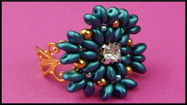 DIY | Beaded Twin Beads Flower Ring with Rhinestone | Beadwork Jewelry | Blumen Perlen Ring
