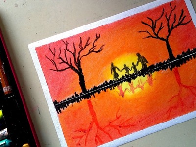 How to draw sunset scenery with happy family using oil pastel
