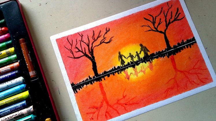 How to draw sunset scenery with happy family using oil pastel