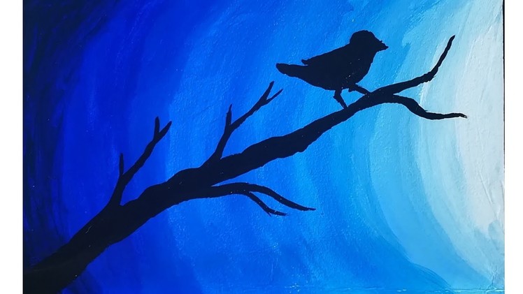 Moonlight bird on tree acrylic painting on canvas | easy acrylic painting for beginners