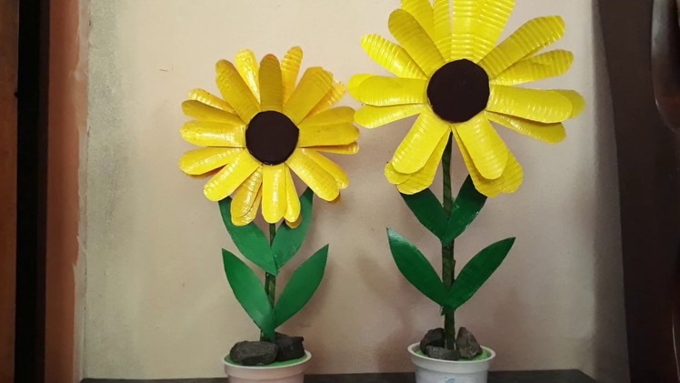 Plastic glass sunflower.How to make flower pot from disposable plastic glass.