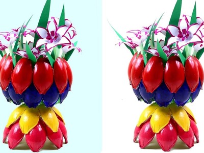 Best Out Of Waste Plastic Bottle Flower Vase. DIY - Flower pot of recycled plastic spoons. crafts