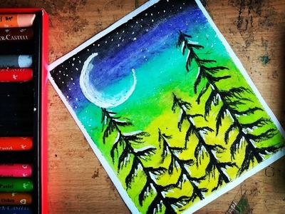 How to draw Silhouette Moonlight scenery drawing with oil pastels for beginners