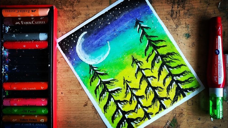 How to draw Silhouette Moonlight scenery drawing with oil pastels for beginners