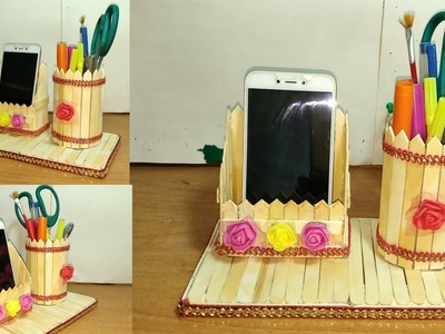 Icecream sticks pen stand and mobile phone holder||diy pen stand and mobile phone holder