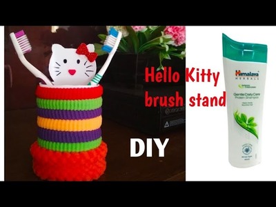 Diy:Hello Kitty brush.pen stand with waste shampoo bottle & rubberbands#How to recycle empty bottles