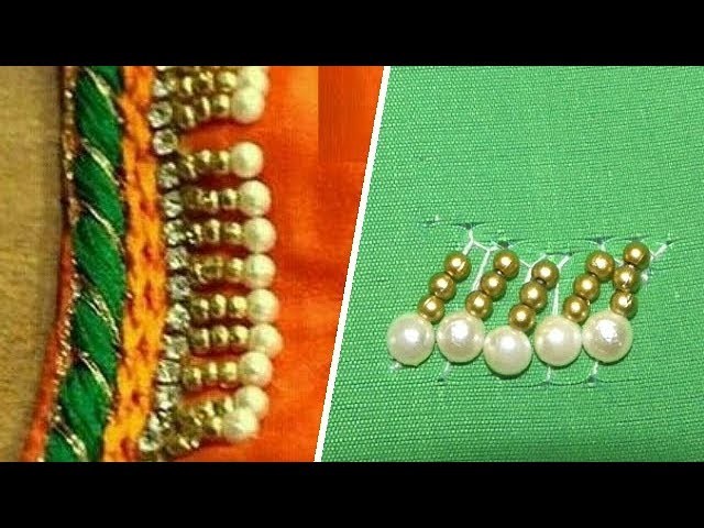 Aari Work Blouse Neck Pearl and Golden Beads Border Design