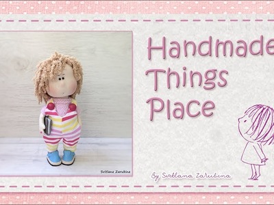 Handmade fabric doll with book for interior decoration or for collection.