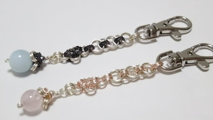 ＃49チェインメイルと天然石のキーホルダー　chainmail jewelry　wire jewelry