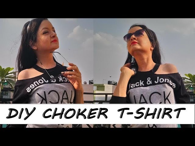 DIY Choker T-shirt. How to make One shoulder Choker T (Hindi). T-shirt DIY part 1
