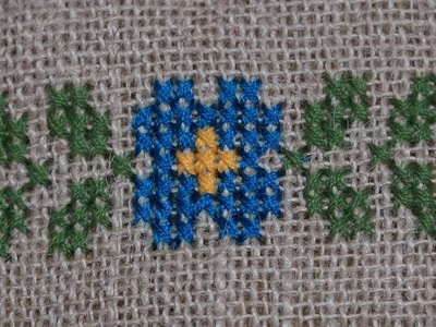 Hand Embroidery : Cross Stitch : Flower Embroidery ( Floor Mate Design ) on Jute Mat