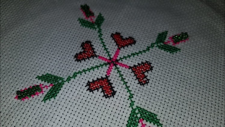 HAND EMBROIDERY : CROSS STITCH HEART FLOWER WITH WOOL THREAD & BEADS ON AIDA FABRIC