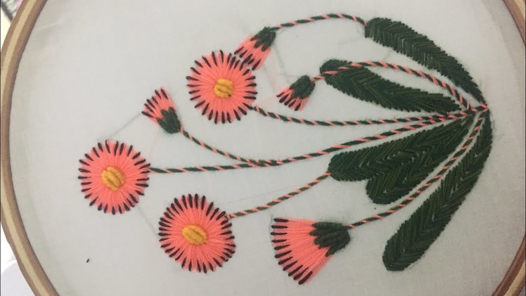 Hand embroidery flower design with lazy daisy stitch satin  and bullion stitch by nakshi design art