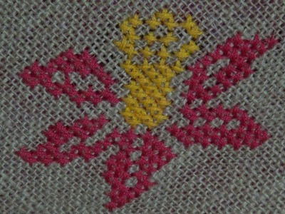 Hand Embroidery Work : Cross Stitch Embroidery On Jute Mate : Flower Pattern