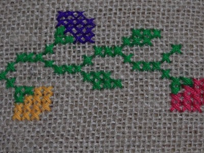 Hand Embroidery Work : Cross Stitch Embroidery ( Border Design ) On Jute Mat