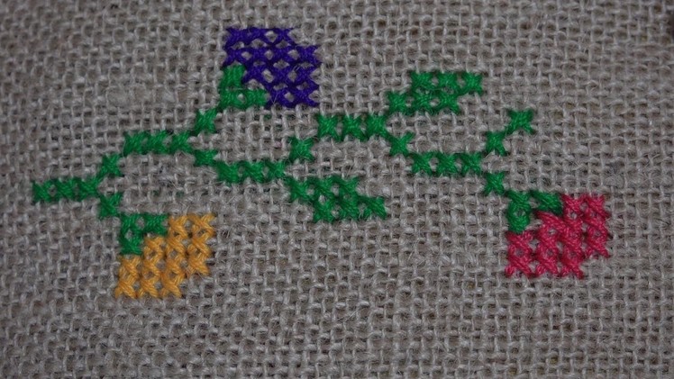 Hand Embroidery Work : Cross Stitch Embroidery ( Border Design ) On Jute Mat