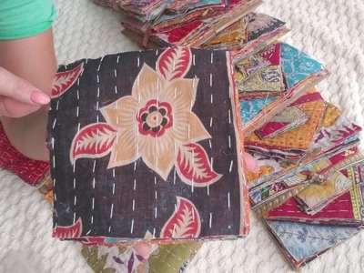 Kantha Quilt square Pack-Charm pack-Vintage Hand stitched Bohemian squares -Junk Journal cover