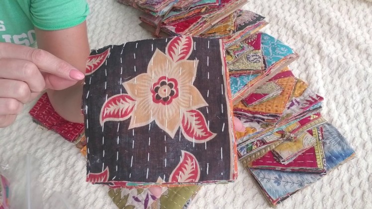Kantha Quilt square Pack-Charm pack-Vintage Hand stitched Bohemian squares -Junk Journal cover