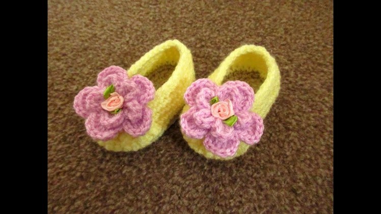 Crochet baby shoes booties slippers 3.5" sole 0-3 months flower  tutorial Happy Crochet club