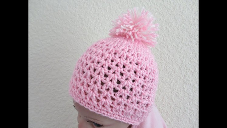 Easy Crochet Baby beanie hat 0-6 months 12"-15" Pom Pom tutorial Happy Crochet Club