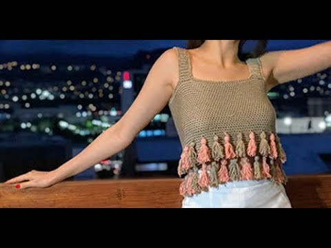 HOW TO CROCHET A SUMMER BLOUSE "MOANA" WITH POMPOMS   - EASY AND FAST - BY LAURA CEPEDA