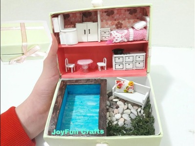 DIY Miniature Dollhouse In The Small Box : Room, kitchen, and pool
