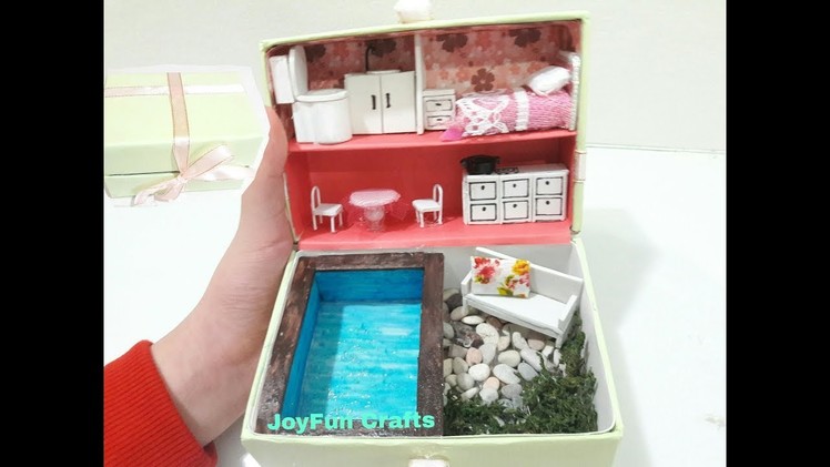 DIY Miniature Dollhouse In The Small Box : Room, kitchen, and pool