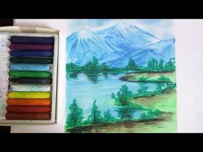 How To Draw Mountains With River Scenery || Oil Pastels Landscape Painting