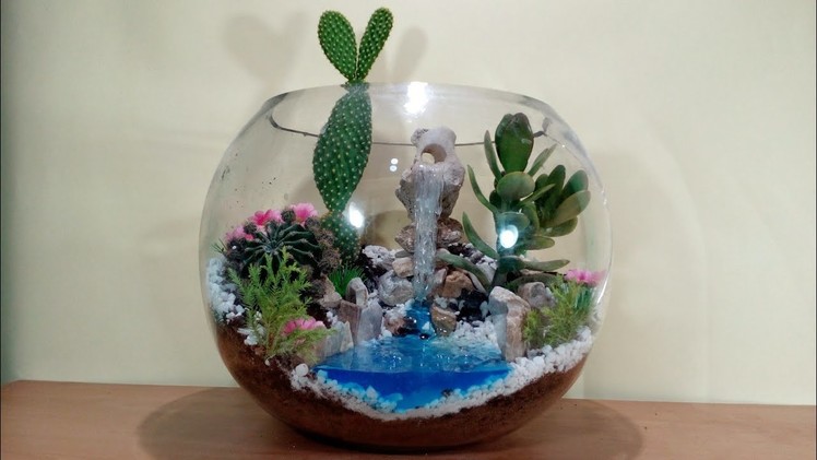 How to make terrarium with waterfall in glass bowl
