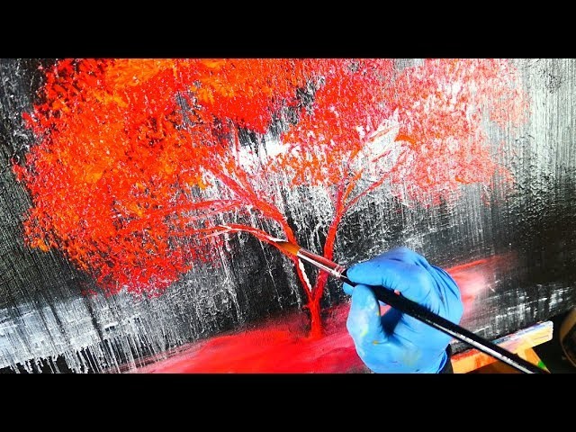 Simple painting of a red tree on black and white ice painting techniques