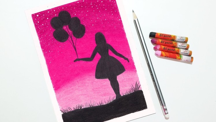Girl with Balloons Drawing for Beginners with Oil Pastels - step by step