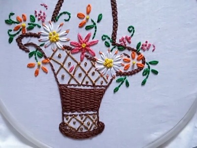 Hand embroidery.Hand embroidery stitches.Flower basket embroidery design for cushions.