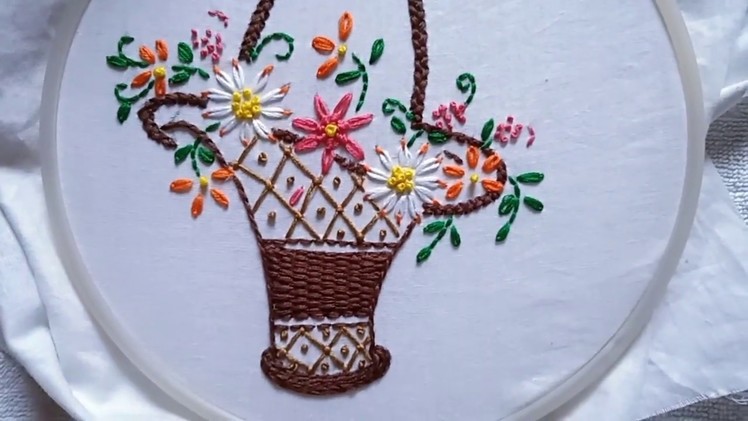 Hand embroidery.Hand embroidery stitches.Flower basket embroidery design for cushions.
