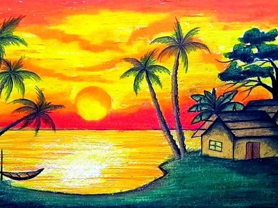 How to draw Scenery of Sunset with Oil Pastel.Step by step(easy draw)