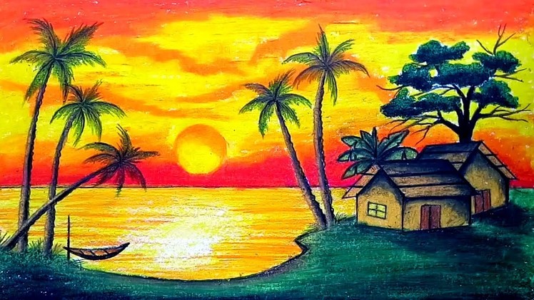 How to draw Scenery of Sunset with Oil Pastel.Step by step(easy draw)