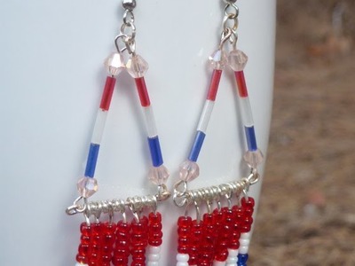 Patriotic Earrings 4th of July - USA Earrings Flag Earrings Native American Beadwork Fringed