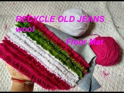 Recycle old jeans and wool.demin handmade floor mat.door mat.carpet.area rug