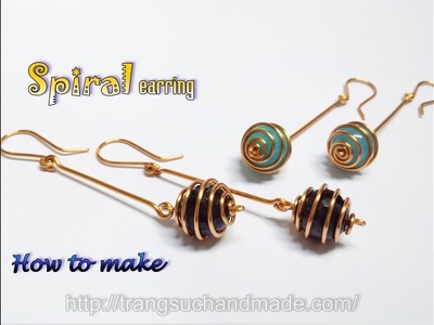 Spiral earring with spherical stone - Simple jewelry from copper wire 402