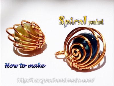 Spiral pendant with spherical stone without hole - Handmade jewelry from copper wire 404