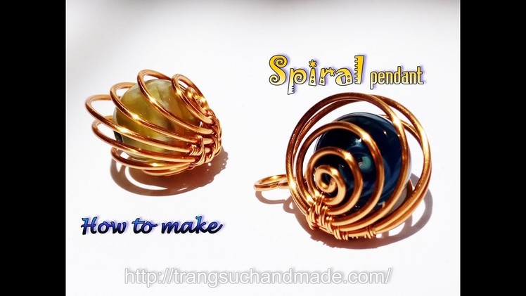 Spiral pendant with spherical stone without hole - Handmade jewelry from copper wire 404