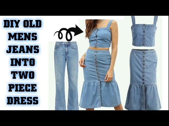 Convert.Recycle.Reuse Old Mens Jeans into Two Piece Ruffle Dress in 2 minutes.old mens Jeans reuse|