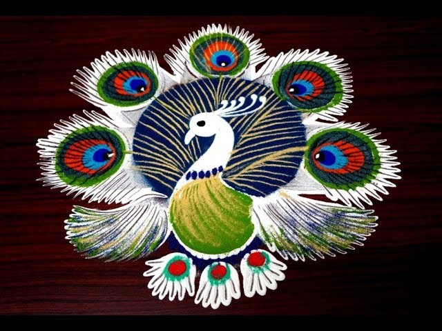 Latest and simple peacock rangoli designs using tools and techniques || freehand kolam designs