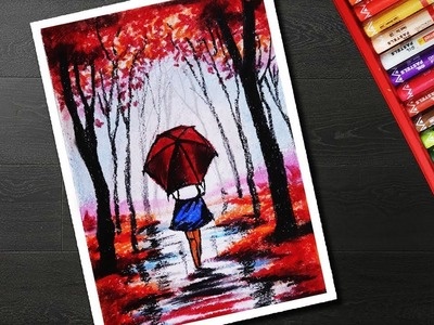 Rainy season scenery drawing for beginners with oil pastel - Girl in rain