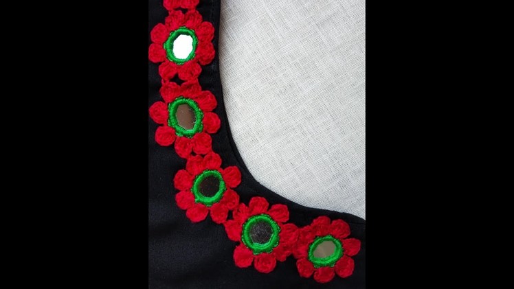 222-Crochet#33, Beautiful crochet lace with mirror work for your blouses kurtis necklines dupattas s