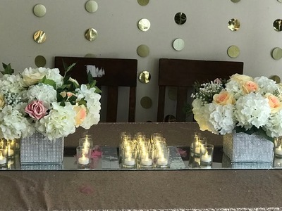 DIY- Long mirror centerpiece DIY- dollar tree candle centerpiece DIY-bling wedding decor long table