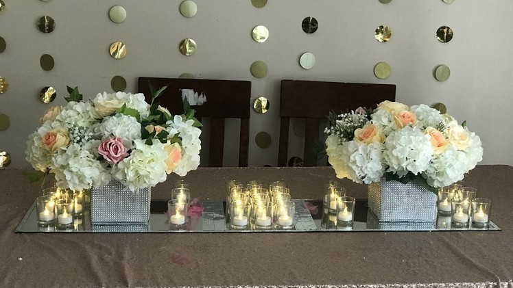 DIY- Long mirror centerpiece DIY- dollar tree candle centerpiece DIY-bling wedding decor long table